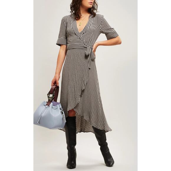 GANNI Blank & White Gingham Check Midi Wrap Dress Size 40 (8 US)
